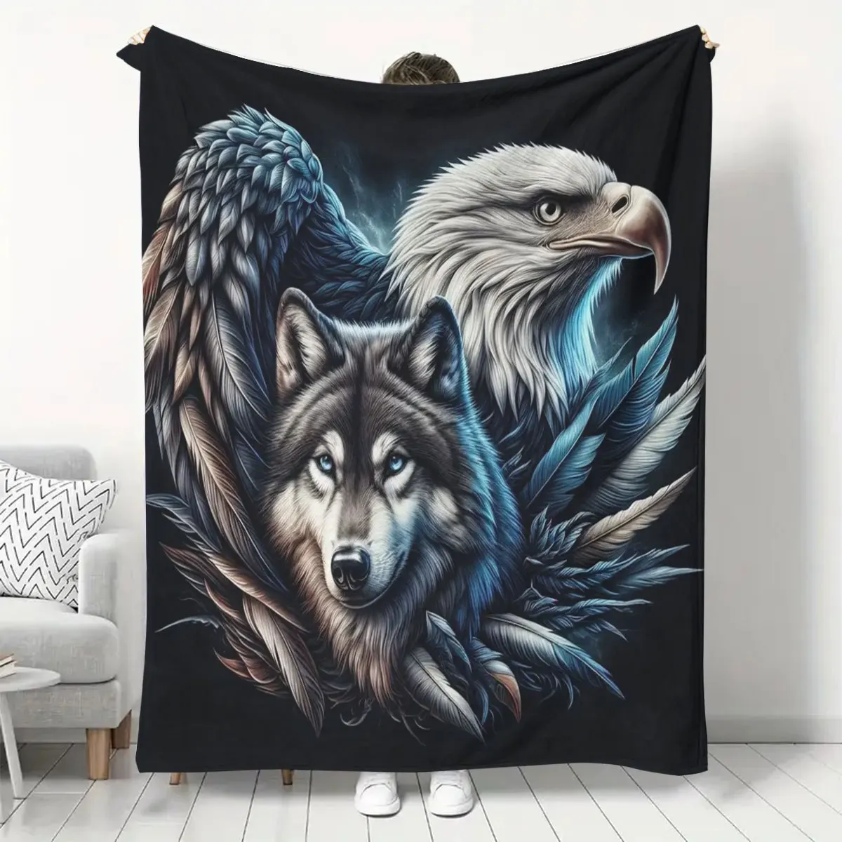 Majestic Grey Wolf And Bald Eagle With Feather Wild Animal Pattern Flannel Blanket Warm Cozy Printed Throw Blanket