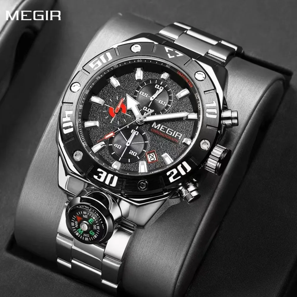 MEGIR-Reloj analógico de acero inoxidable para hombre, accesorio de pulsera de cuarzo resistente al agua con cronógrafo, complemento masculino deportivo luminoso con diseño de brújula y calendario