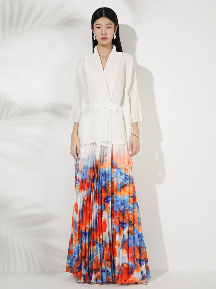 

Модная плиссированная юбка с принтом, весенний женский топ на шнуровке с длинными рукавами + свободная юбка с высокой талией, осенний комплект из двух предметов