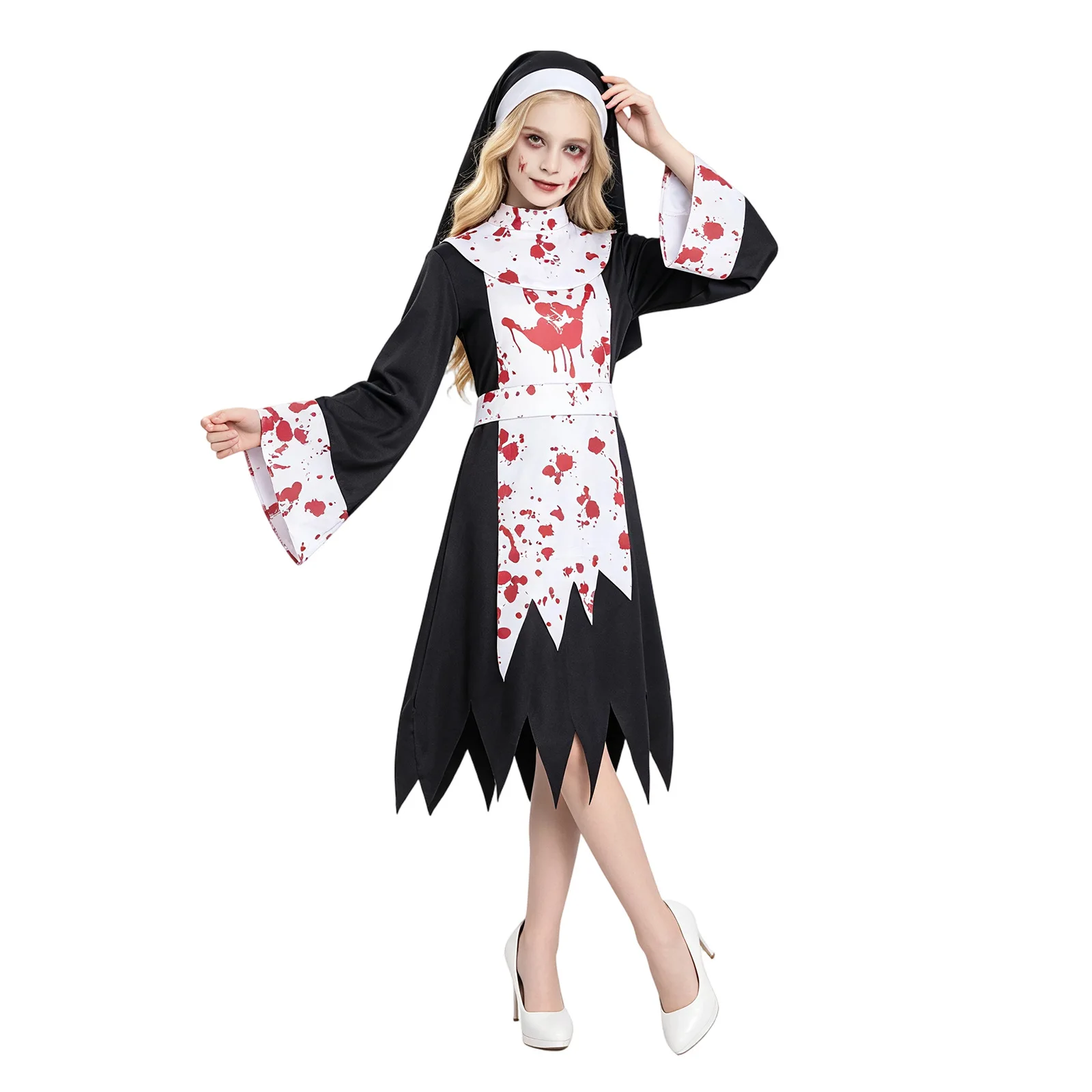 Horror Bloody Alice Cosplay Maid Dress, Zombie Vampire Nurse Nun Costume, Scary Halloween Party Performance Fancy Outfit view 3