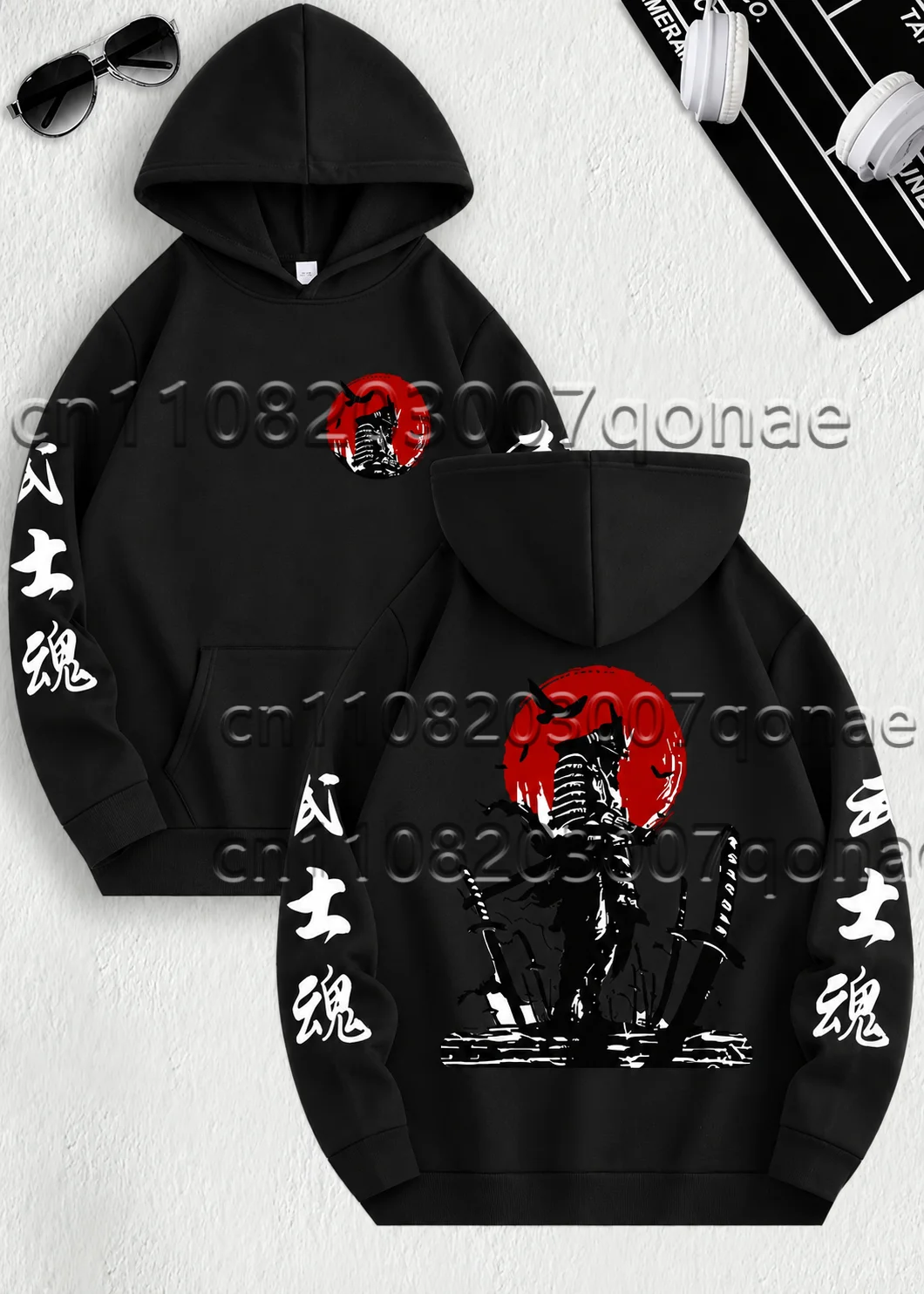 2026 Hot Sales Men Bushido Samurai Design Pattern Oversized Hoodie Long Sleeve Vertical Kanji Pink Fall Winter Street Sweatshirt