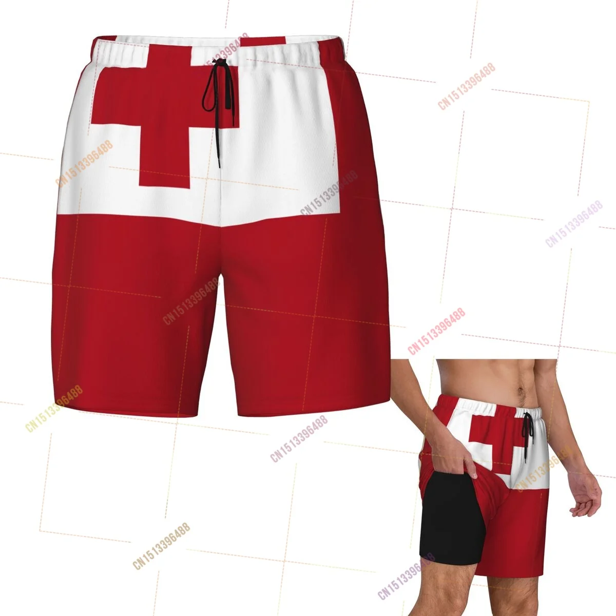 2026 Tonga Flag Top Print 3D Mens Swimming Trunks Hawaiian Bathing Beach 2 in 1 Quick-Dry Summer Swim Shorts With Pockets