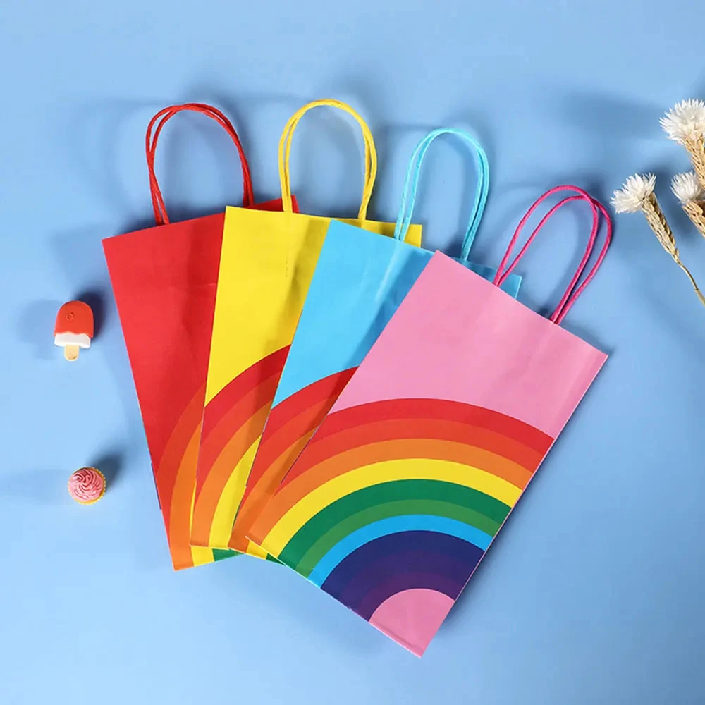 

200pcs Paper Bag Stand Up Rainbow Wave Polka Dot Bags 13X8X22CM Wedding Birthday Favor Open Top Gift Packing Treat Bag