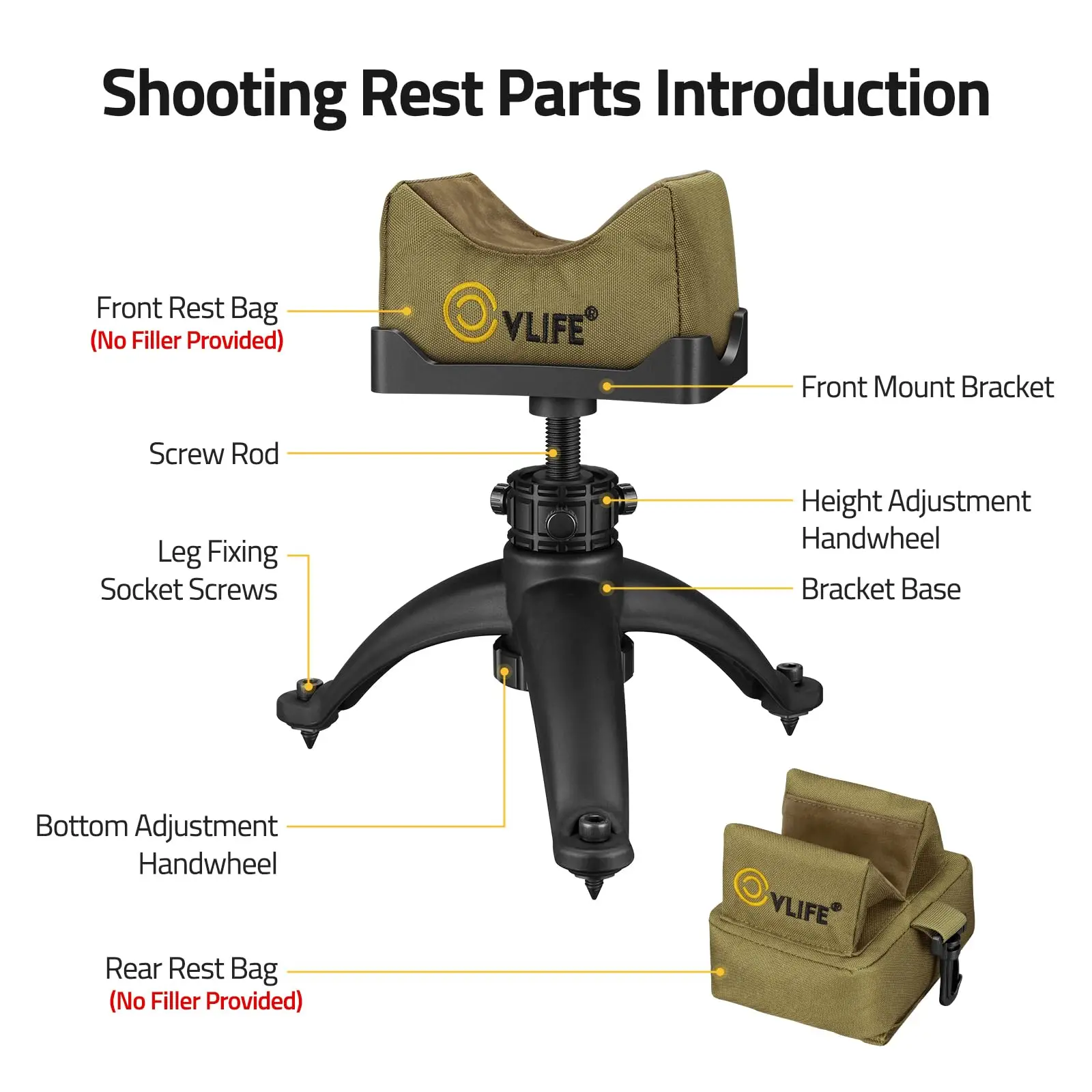 Rest Tripod Rest Range Jagd Tragbare Sitzbank mit vorderen und hinteren Taschen (ungefüllt) Höhenverstellung Stabil – Detail 3