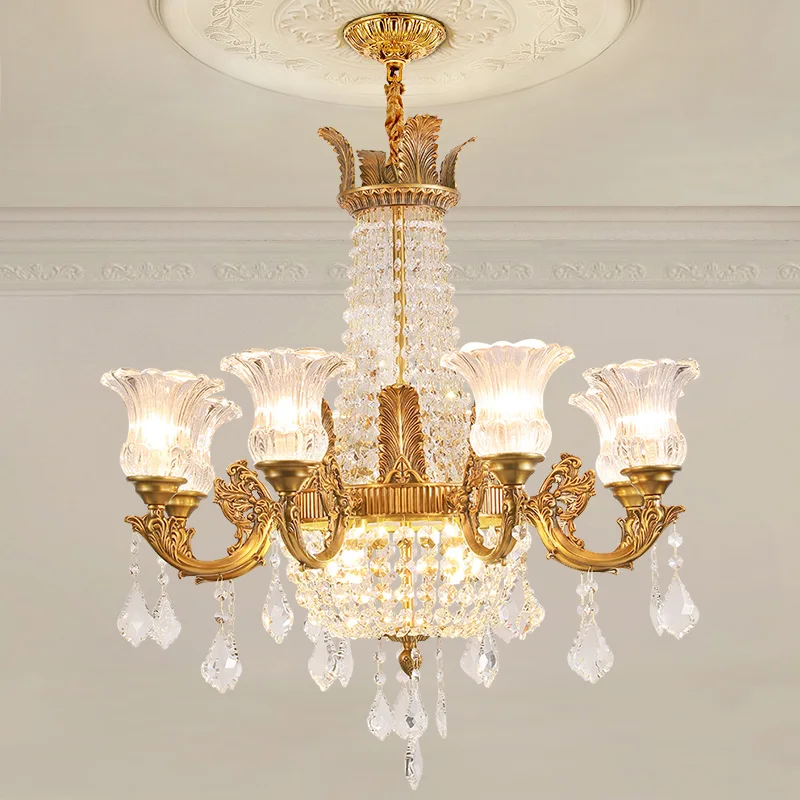 

European Designer Brass Crystal Chandelier Hotel Villa Decoration Lighting French Rococo Royal Classic Copper Pendant Light Lamp