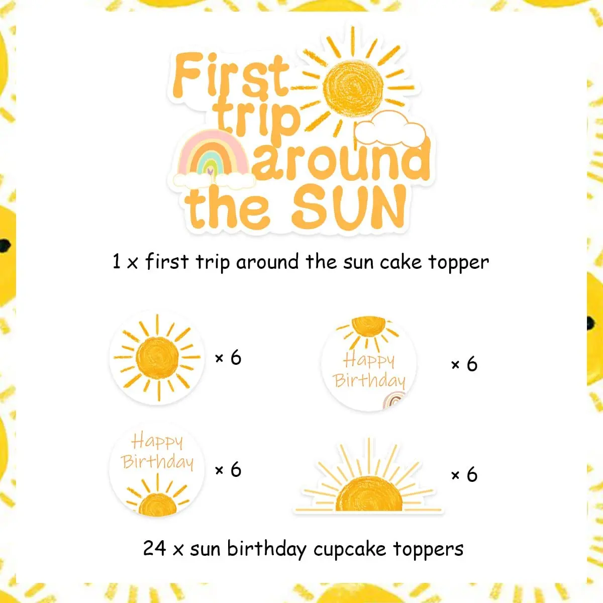 Funmemoir First Trip Around The Sun Cake Topper Sunshine Cupcake Toppers Sun 1st Birthday Party Cake Decorations for Boys Girls