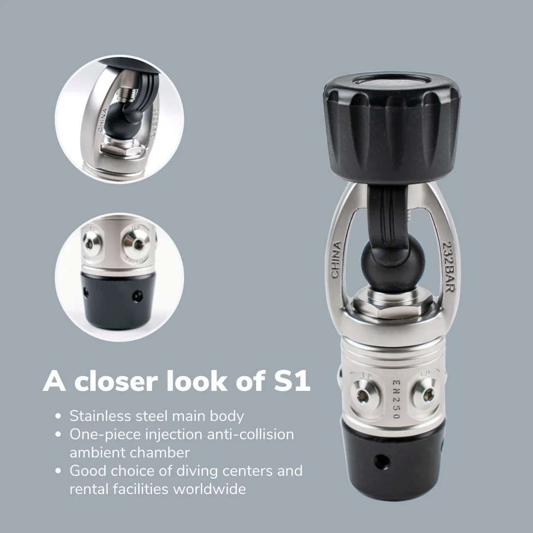 مصنع مخصص HOTDIVE S1 مكبس غير متوازن منظم المرحلة الأولى DIN/YOKE |   سوس 304 |   معدات الغوص المعتمدة من CE لمراكز الغوص