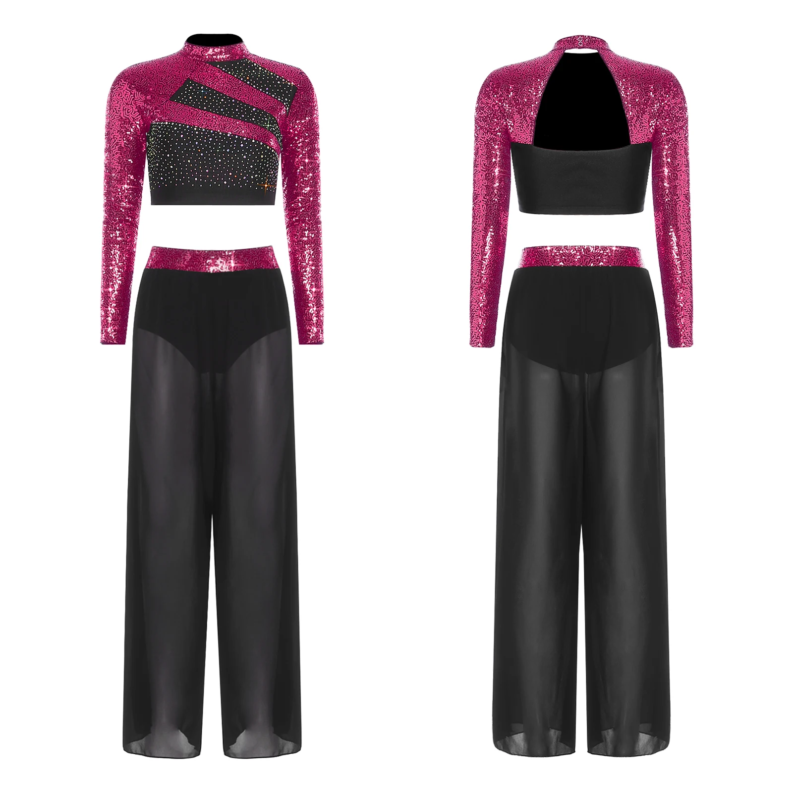 

Women Sequins Rhinestones Modern Lyrical Dance Crop Top with Side Split Pants Built-in Briefs Skating Gymnastics Ballet Costume