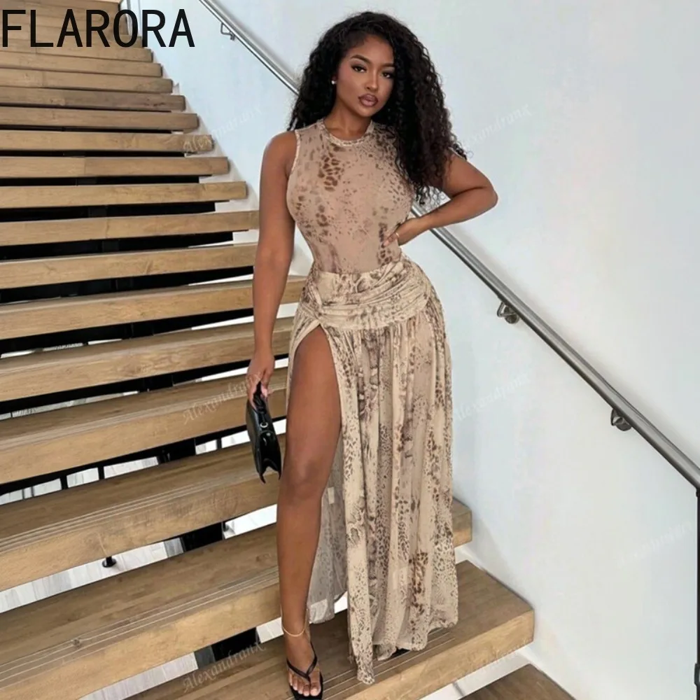 

FLARORA Wild Style Leopard Print 2 Pcs Sets Woman Sexy Sleeveless Skinny Bodysuits+Patchwork Side Split Skirts Matching Clubwear