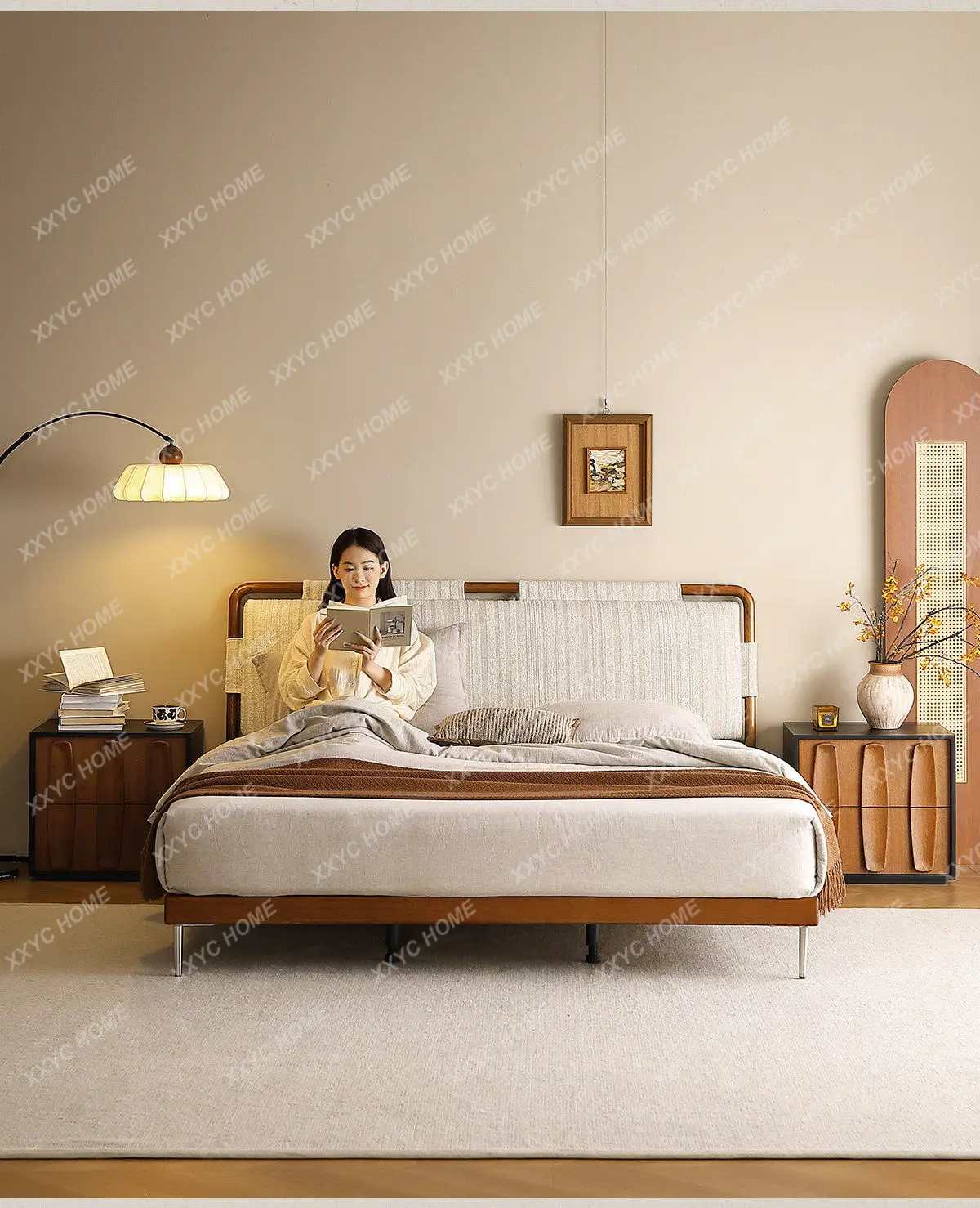 Tassel medium antique solid wood fabric 1.8M 8 double storage bed