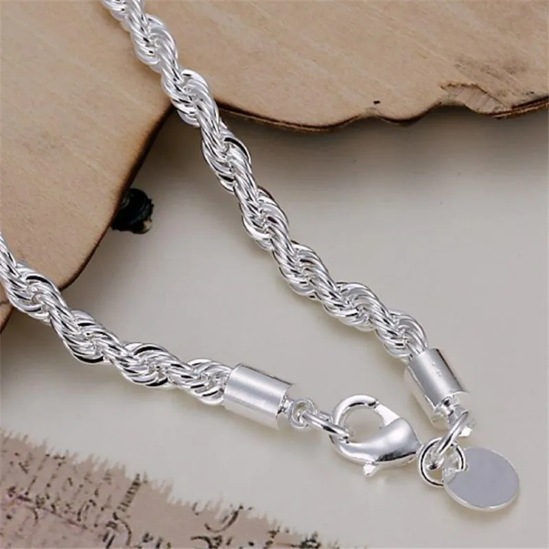 Pulsera de plata de ley 925 con dijes de moda para hombres y mujeres, pulsera minimalista de cadena de cuerda trenzada de 4MM, regalos de joyería para parejas Unisex