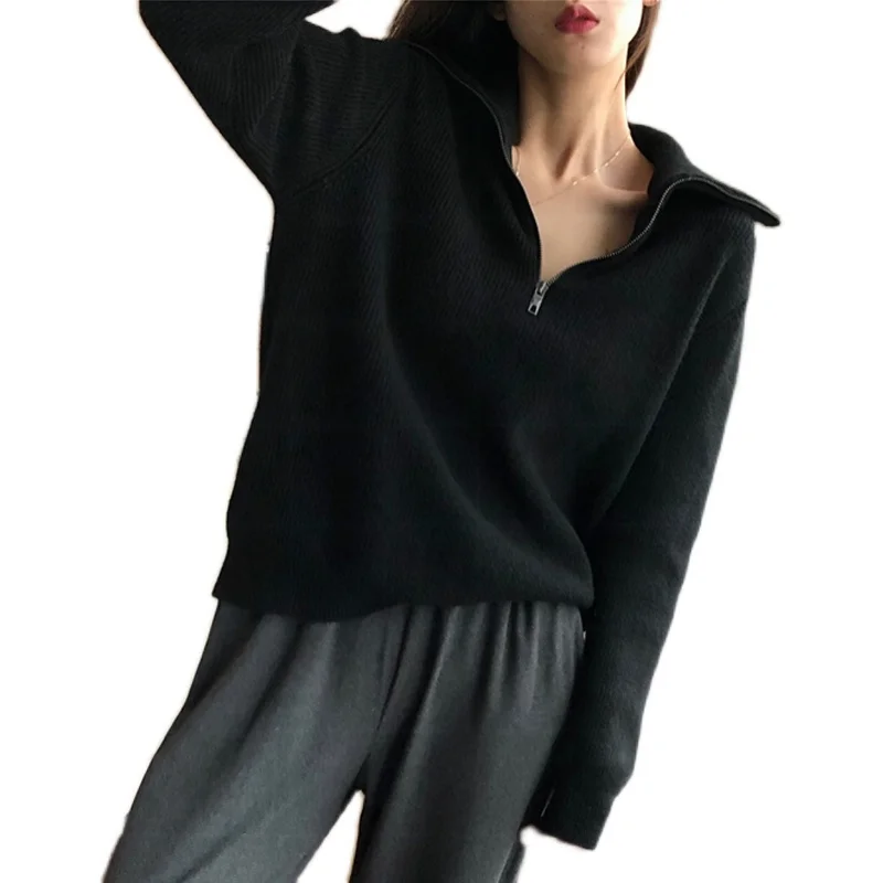 Autumn and winter new cashmere sweater women's high-necked zipper plus size sweater loose polo neck knitting thickening