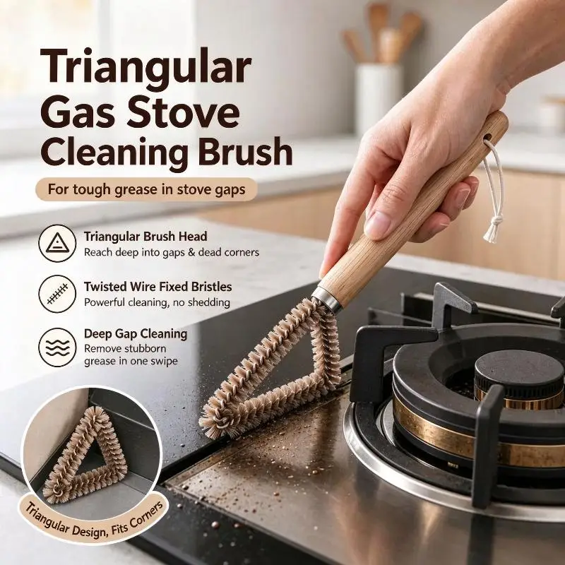 Triangular Gas Stove Cleaning Brush Wooden Handle Stiff Bristles For Kitchen Crevice Grease Removal