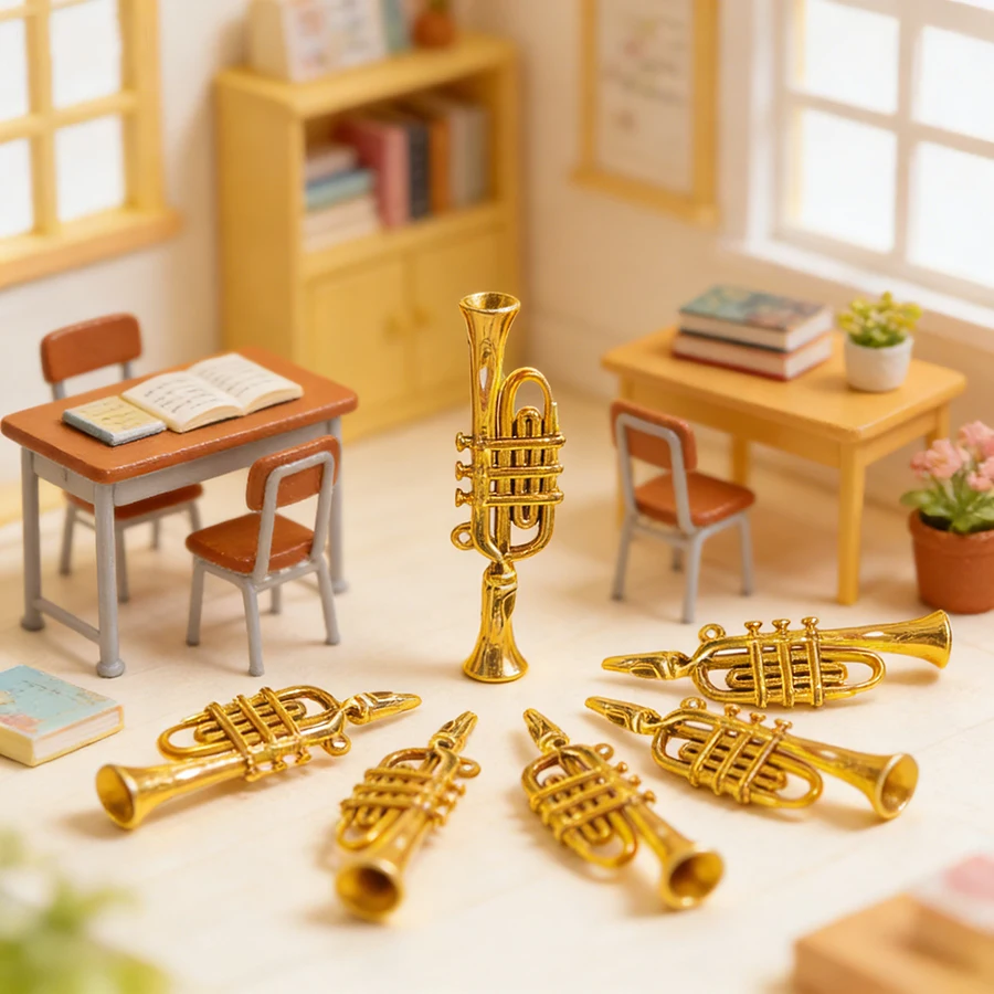 6/12pcs 7.6cm Golden Plastic Mini Musical Instrument Ornaments, Dollhouse Figurines, Desktop Decor, Home Scene Accessory