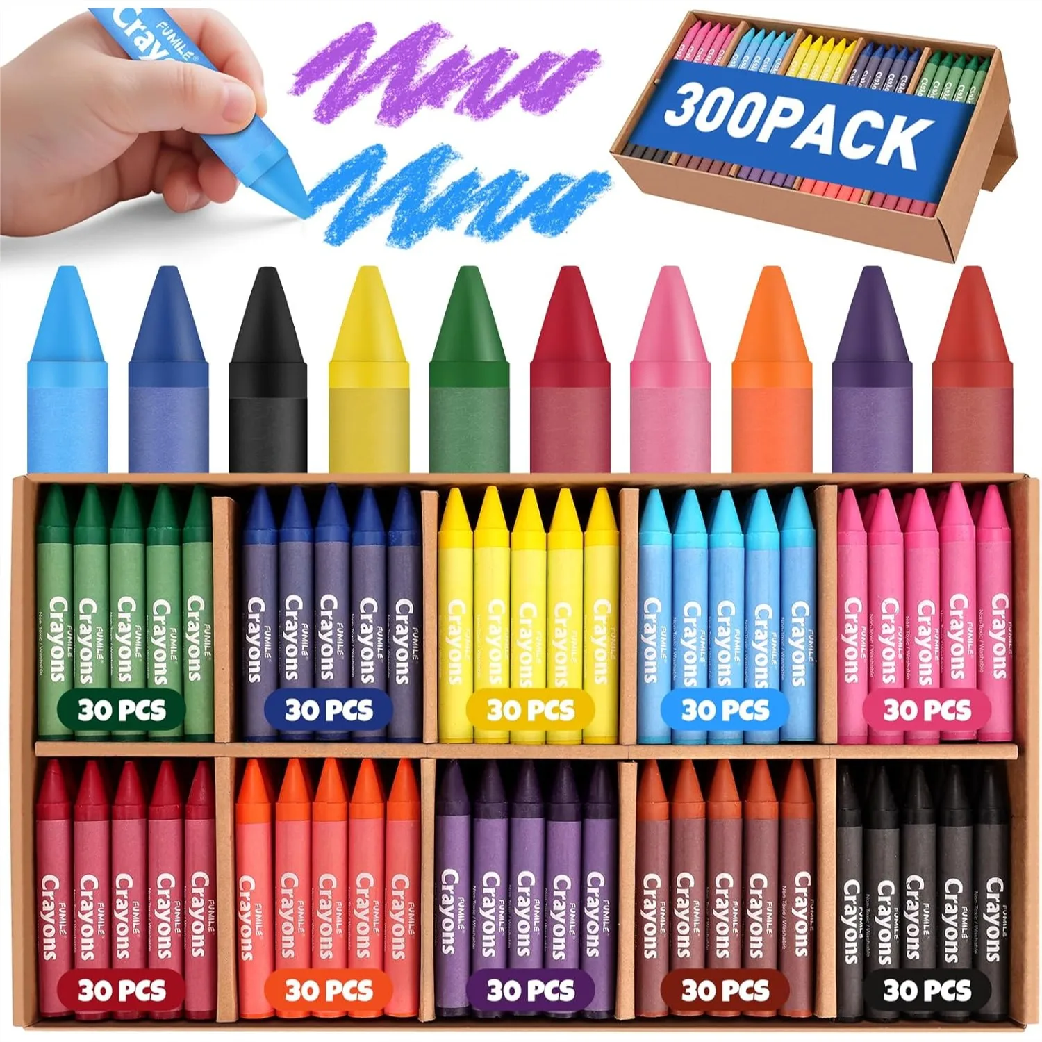 

300 Pack Jumbo Crayons Bulk For Toddlers 1-3, 10 Colors Washable Unbreakable Toddler Crayons For Coloring, Bulk School Supplies, Restaurants, Party Favors, Stocking Stuffers, Preschool Must Haves