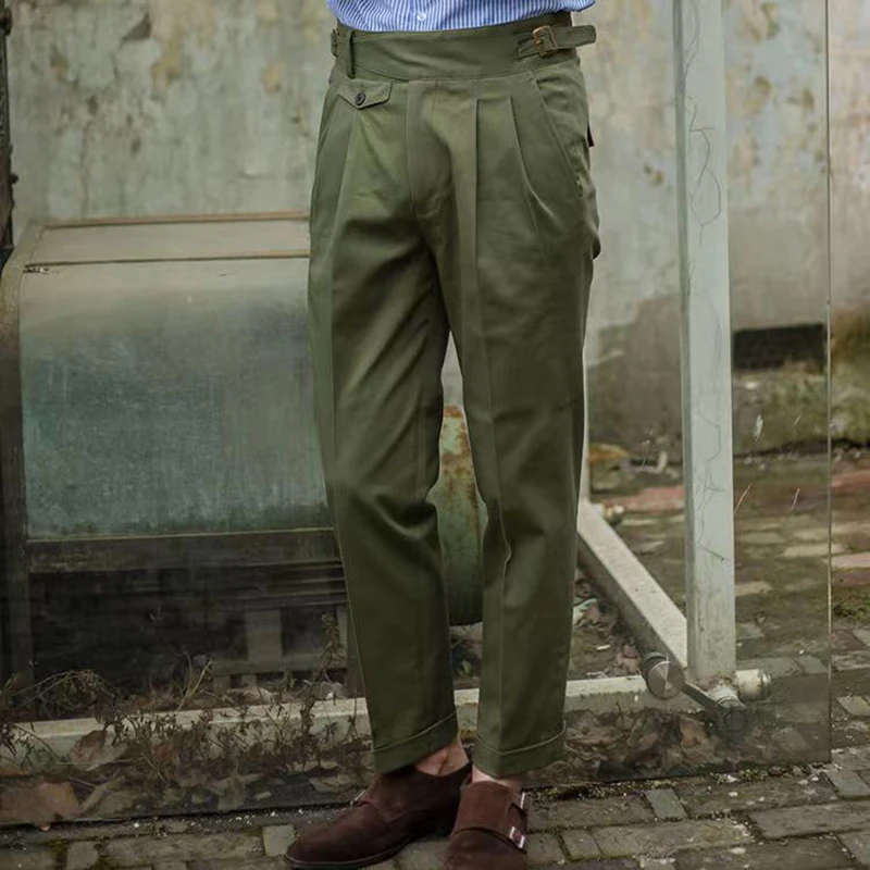 

Vintage Green Gurkha Pants For Men Adjustable Waist Buckle Cotton Naples Trousers Fashion Casual Loose Ankle-Length Cargo Pants