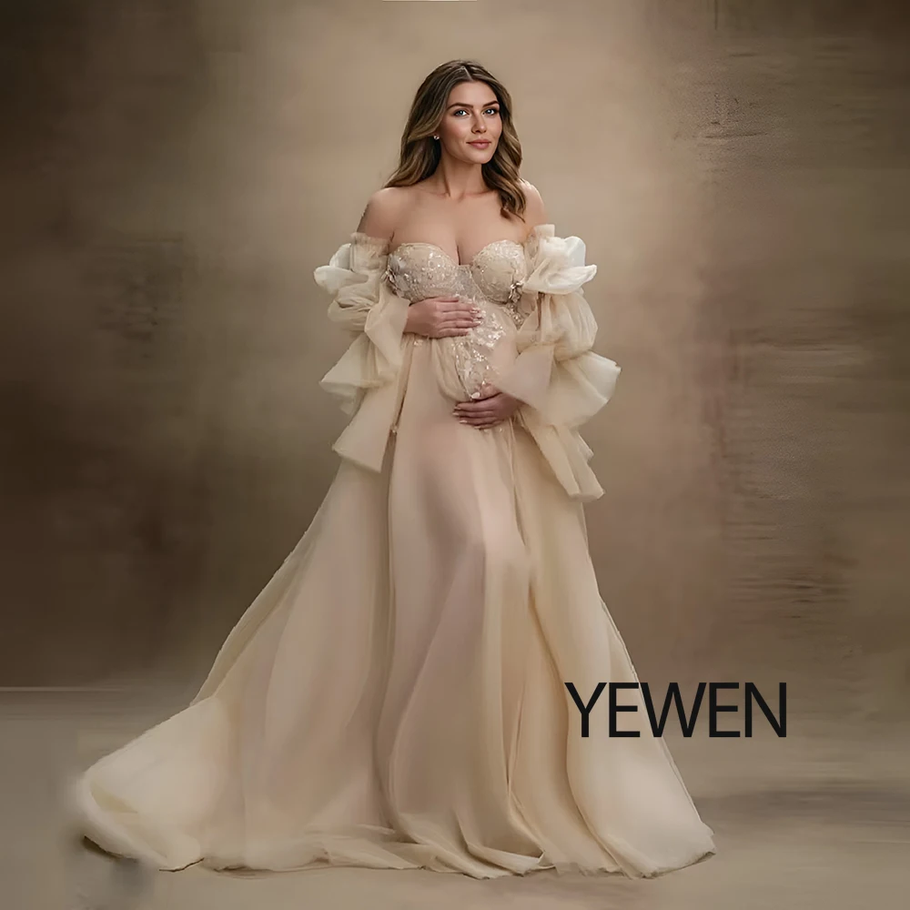 Bump Friendly Off Shoulder Tulle Maternity Photoshoot Dress Long Sleeve Shooting Dresses for Pregnant Women Baby Shower Outfit