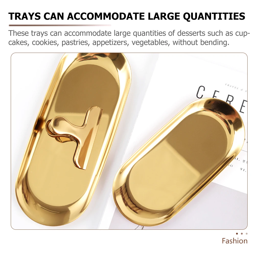 

2pcs Storage Tray Decorative Metal Serving Trays For Home Kitchen Fruit Dessert Display Oval Gold Stainless Steel Tray