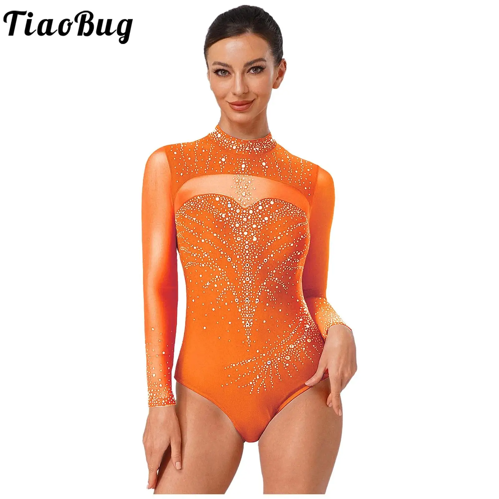Women Skating Leotards Jumpsuit Long Sleeve Sparkly Rhinestones Leotards Performance Outfits for Artistic Gymnastics Competition