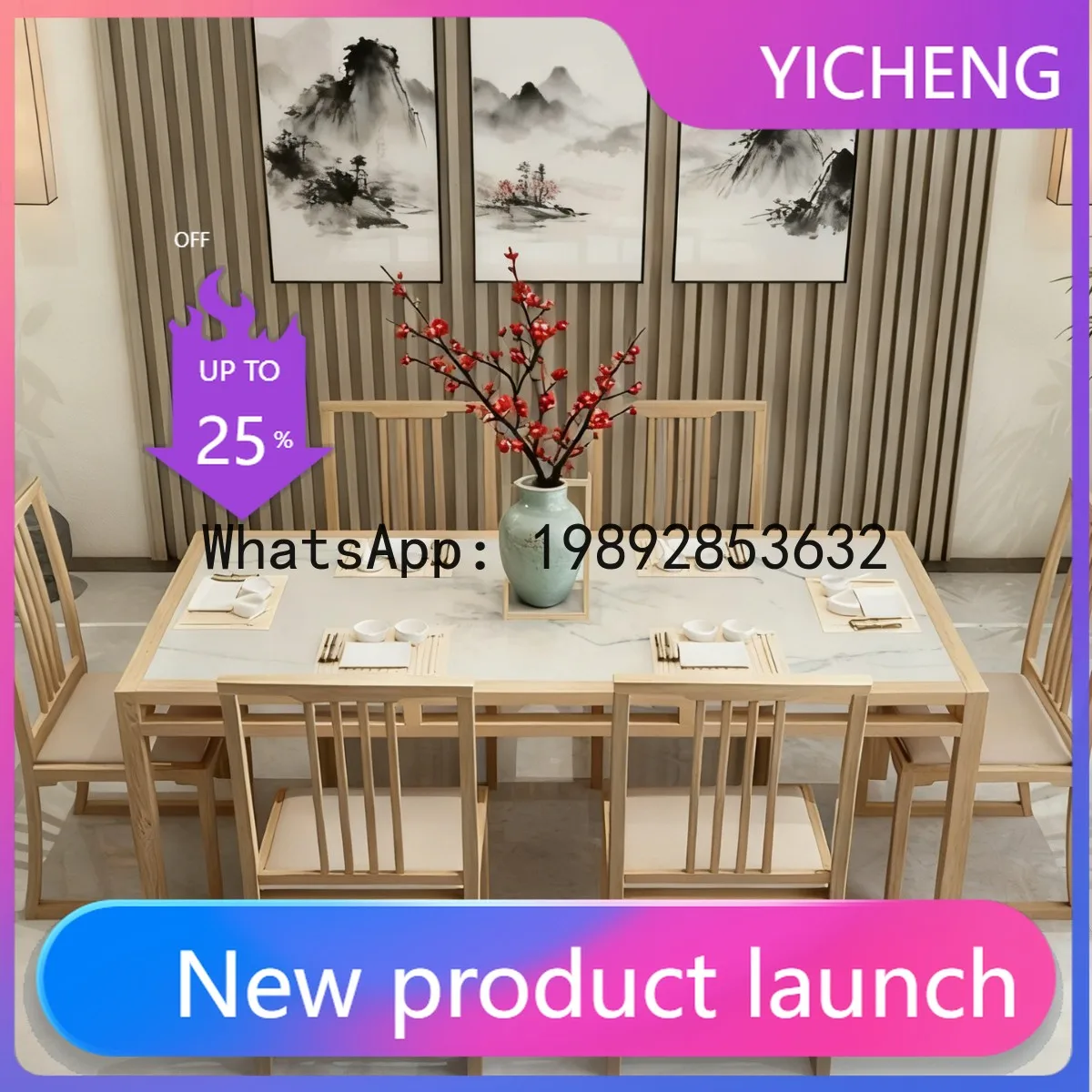 

Hys new chinese style dining table and chair set - compact dining table with marble top and solid wood construction