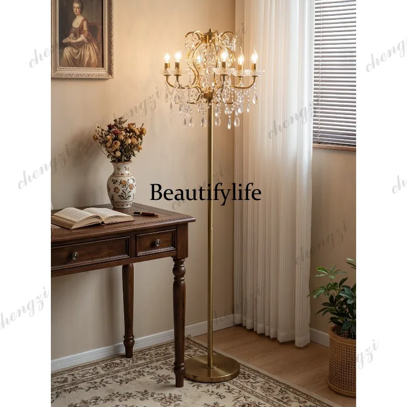 French crystal floor lamp medieval high-end retro villa living room sofa lamp bedroom bedside vertical table lamp