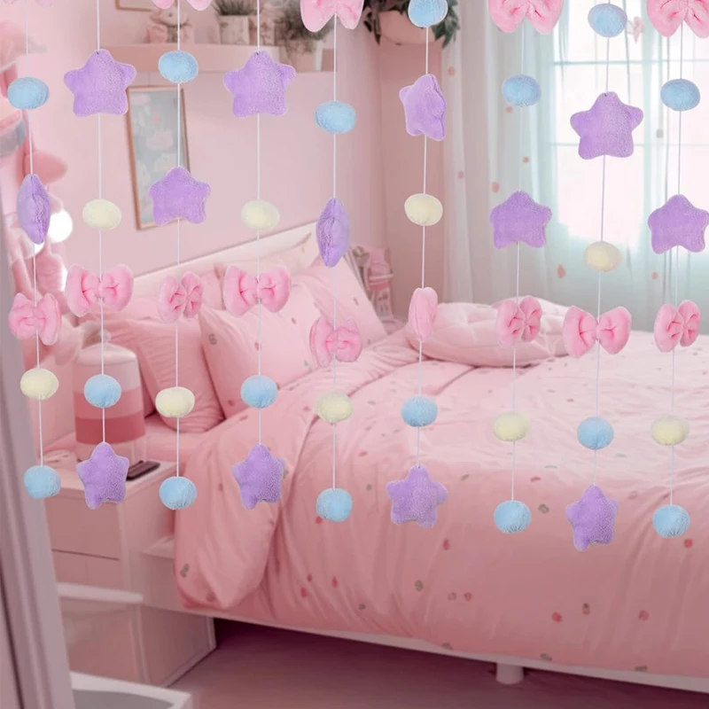 

Fluffy Bowknot Pentacle Short Curtain Thread Partition Hanging Window Decor Dormitory Doorway Curtain Door Curtain Girl Bedroom