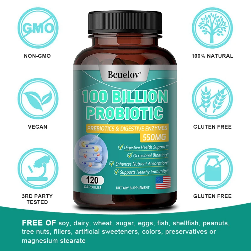 Bcuelov with Probiotics and Prebiotics to Promote Digestive Health, Reduce Bloating and Boost Immunity, 120 Capsules