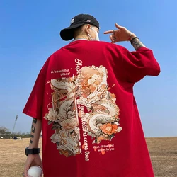 Men's Cotton T-shirts Oversized 5XL Mens T Shirt Casual Summer Wear Chinese Loong Print White Tee Shirts for Men New Clothes