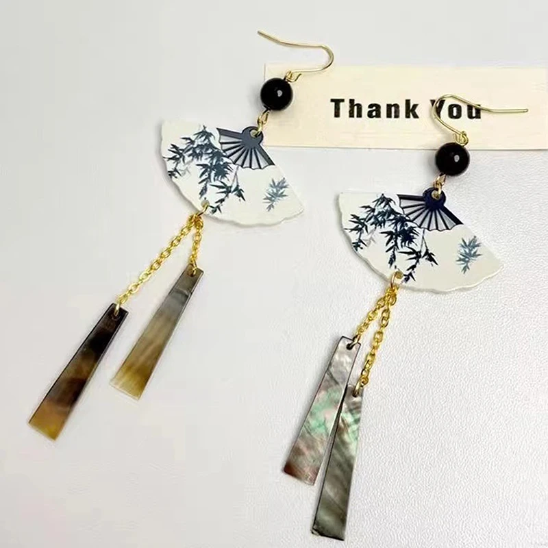 Attractive Chinese-Styled Fan Pendent Earrings With Extended Tassels, Ideal Female Jewelry Present.
