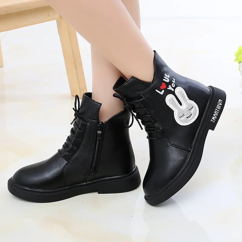 

Children's Leather Boots Autumn and Winter Fashion Ankle Boots KIDS's Side Zipper Cartoon Rabbit Girls' Soft Sole Ankle Boots