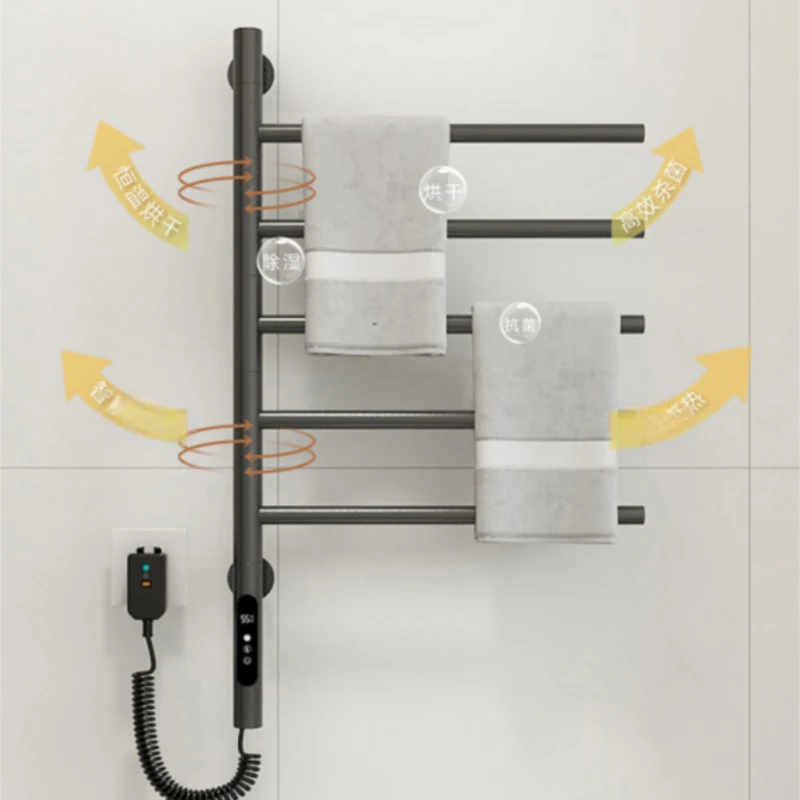 Electric Heated Towel Rack Rotating Bathroom Wall Mounted Drying Rack Stainless Steel Towel Warmer 5 Bars Built-in Timer Plug-in