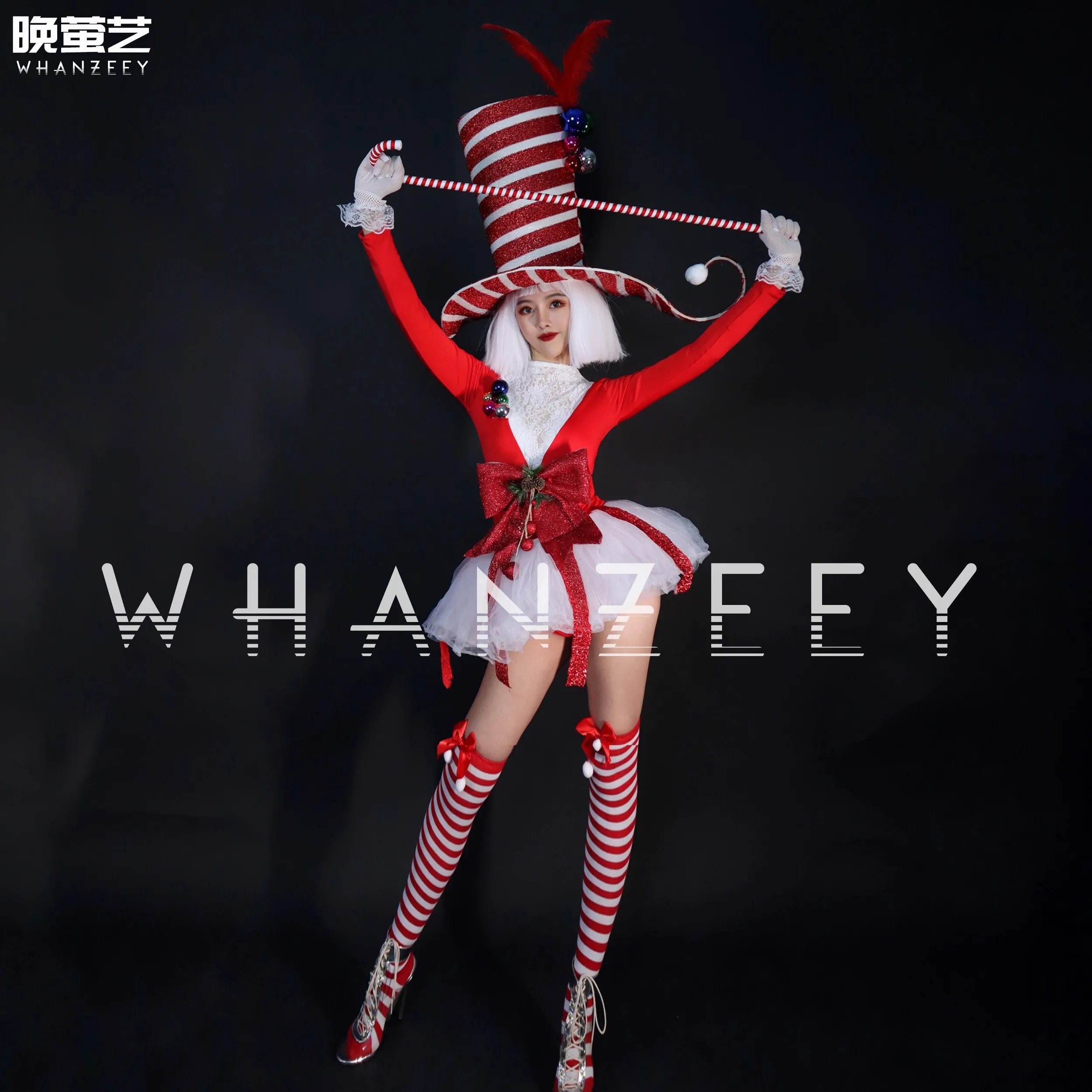 Bar Gogo Kerstkostuum Rood Wit Gestreept Overdreven Grote Hoed + Outfits Carnaval Parade Dsds Zanger Dans Podiumfeest Prom Wear