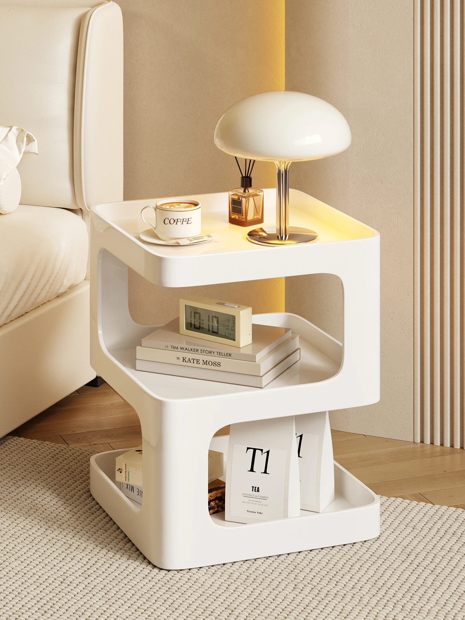 

Nordic white bedside table modern minimalist living room bedroom sofa beside several small bedside tables instead of racks.