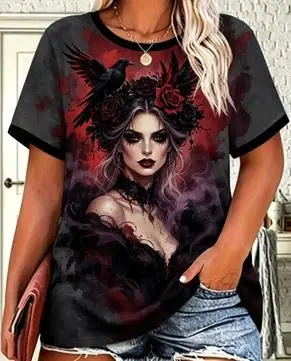 Women Round Neck Short Sleeve T-shirt Mermaid Ocean Art Print Casual Summer Daily Wear Tee