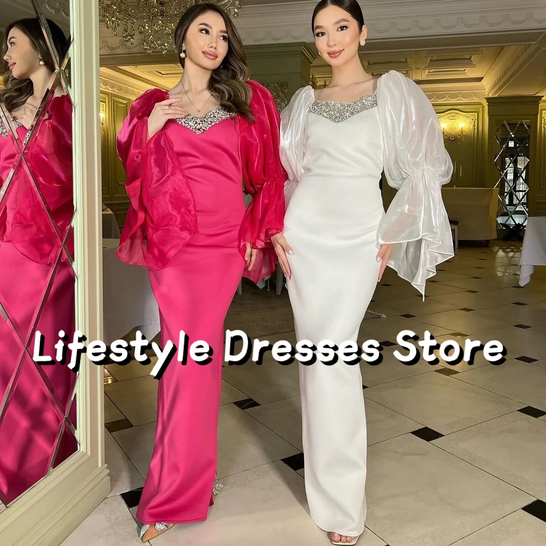 

Vintage Fuchsia Rhinetone Prom Dresses Puff Long Sleeves Evening Dresses Plus Size Party Gown vestidos para eventos especiales