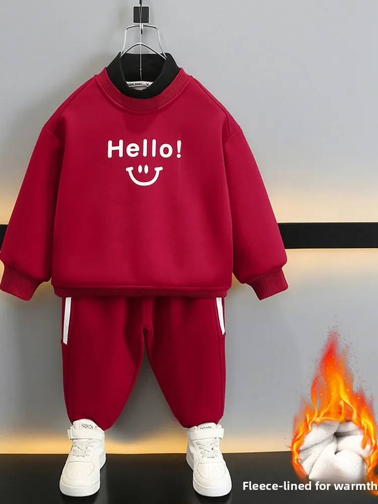 

Детский комплект спортивной одежды Thiened Fce для мальчиков, красная толстовка и штаны, комплект из двух предметов, зимняя одежда для малышей, повседневная спортивная одежда