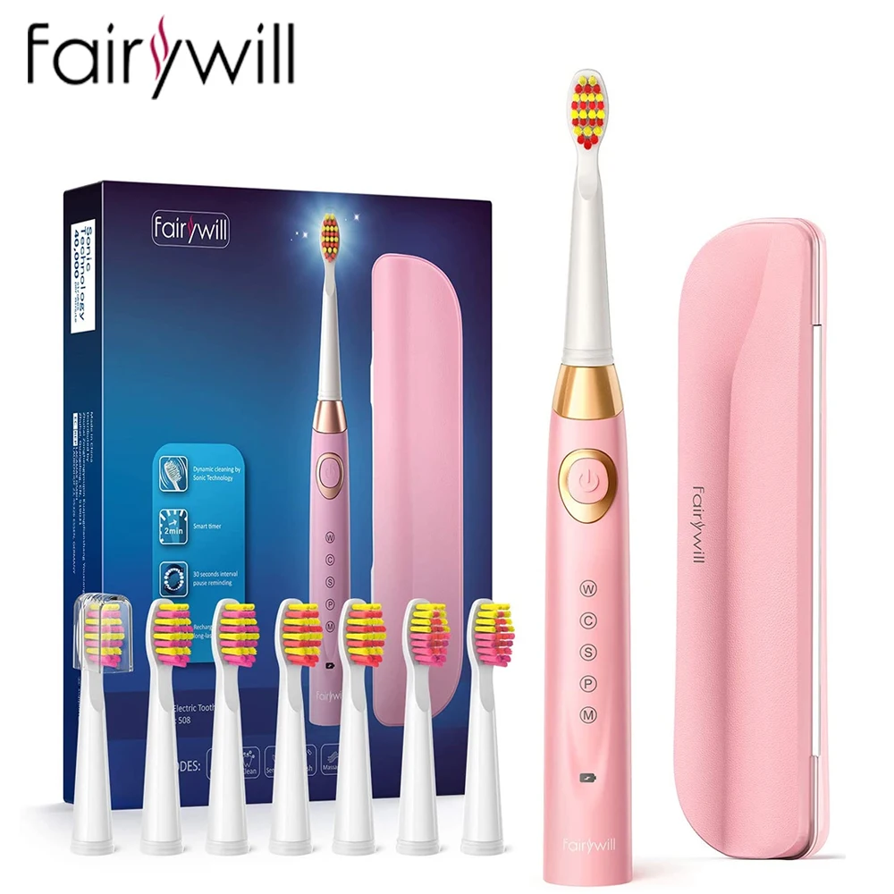 

Электрические зубные щетки Fairywill для взрослых и детей, 5 режимов, перезаряжаемая отбеливающая звуковая зубная щетка с умным таймером и 10 насадками