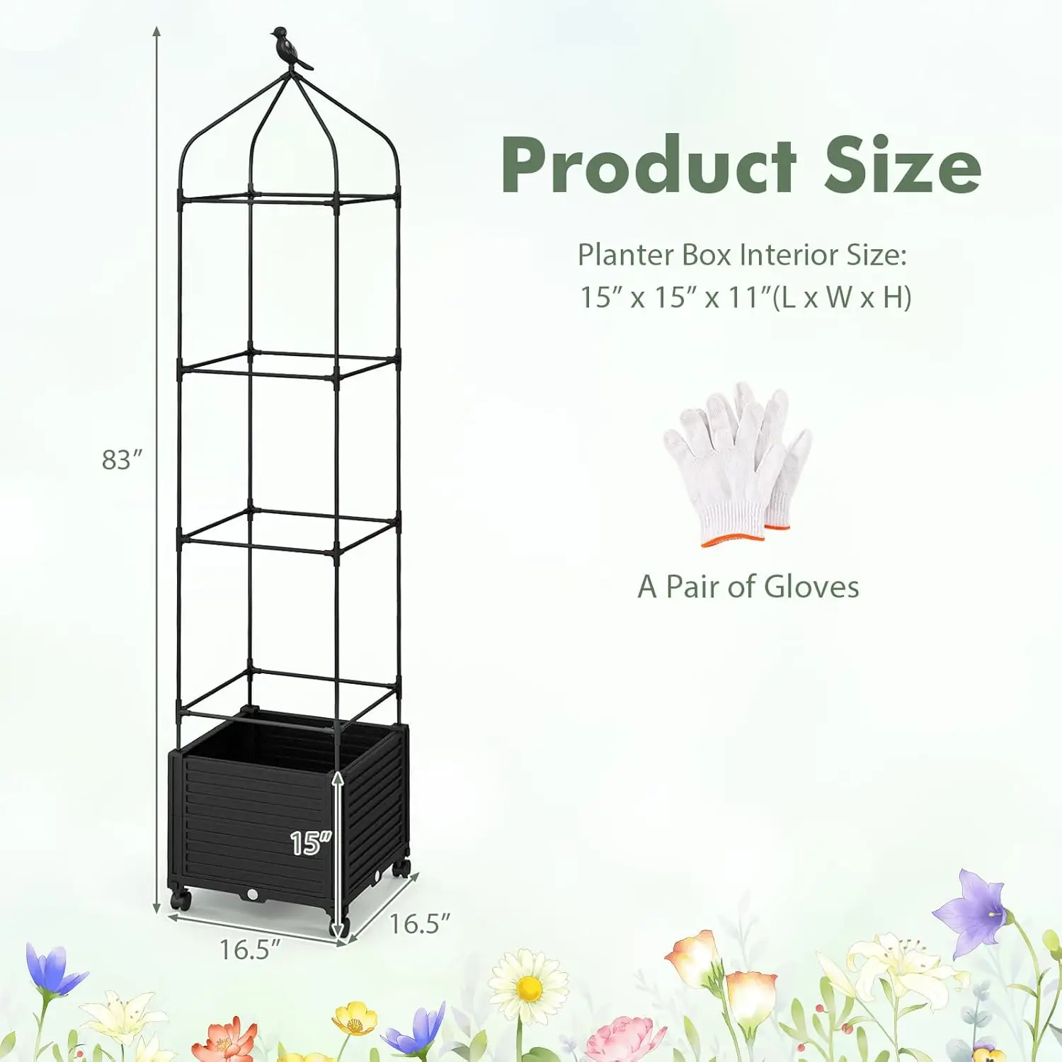 Bed with Tomato Cages, Obelisk & Bird Top, 10 Fasten Straps, Gloves, 83” 67” 51” Adjustable Height, Self Watering Planter
