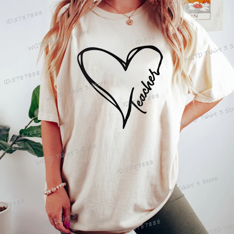 Teacher Heart Graphic T Shirts Women Best Gift for Teachers Crew Neck Casual Top Tees Teacher Life Fashion Short Sleeve T-shirt