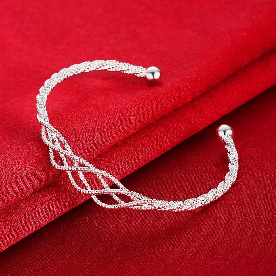 

Jewelrytop Adjustable 925 Sterling Silver Bangle Cuff Bracelet Mesh Chain Charms Jewelry For Women Wedding Lovely
