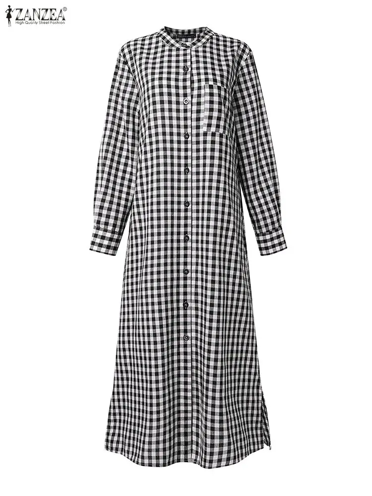 فستان نسائي غير رسمي منقوش لربيع 2025 بأكمام طويلة ورقبة دائرية وأزرار حتى الجيب وفتحة جانبية منقوشة فساتين طويلة طويلة من ZANZEA Woman #4