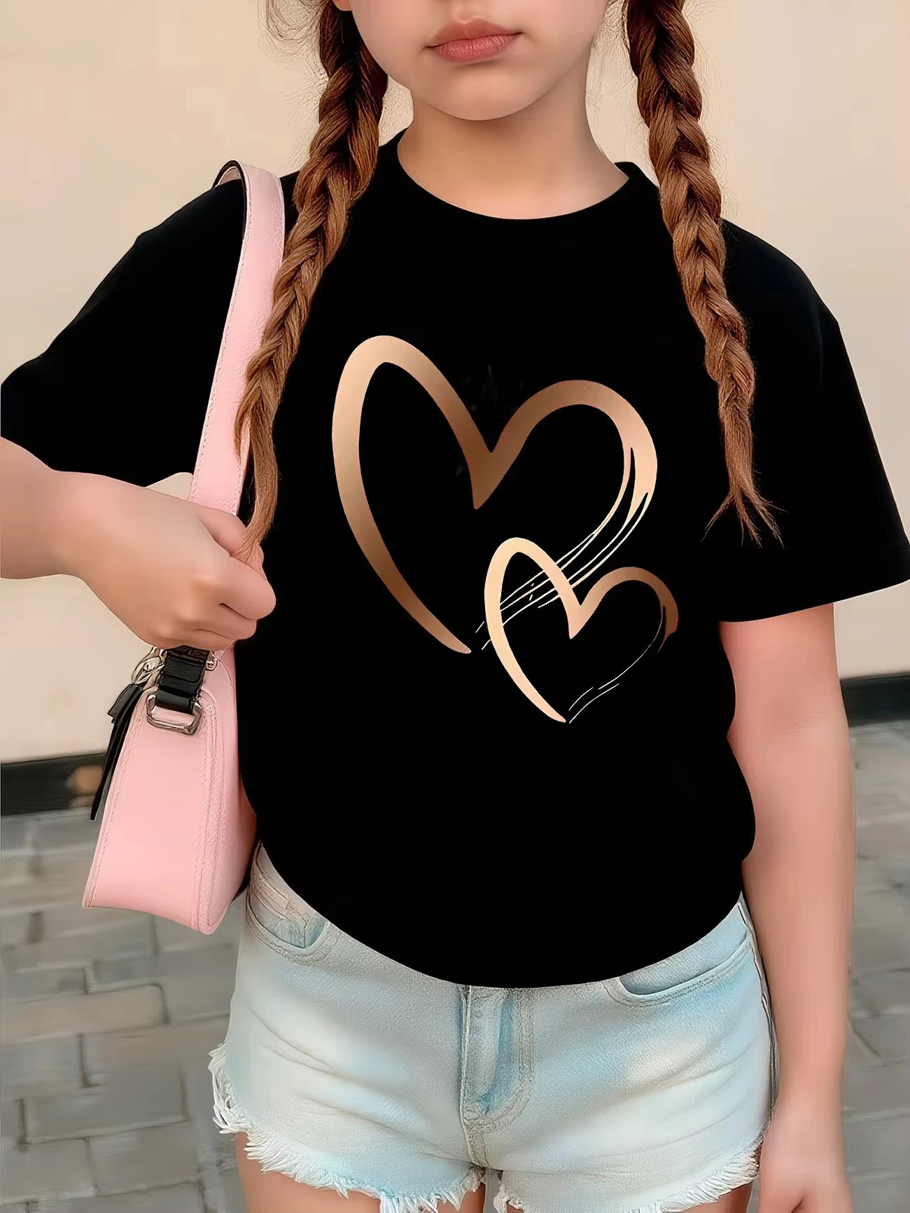 Vintage Fashion Girls Love Heart Design T Shirts Kids Children's Summer Fashion T-shirt Girls Summer Spring Casual Top Tee