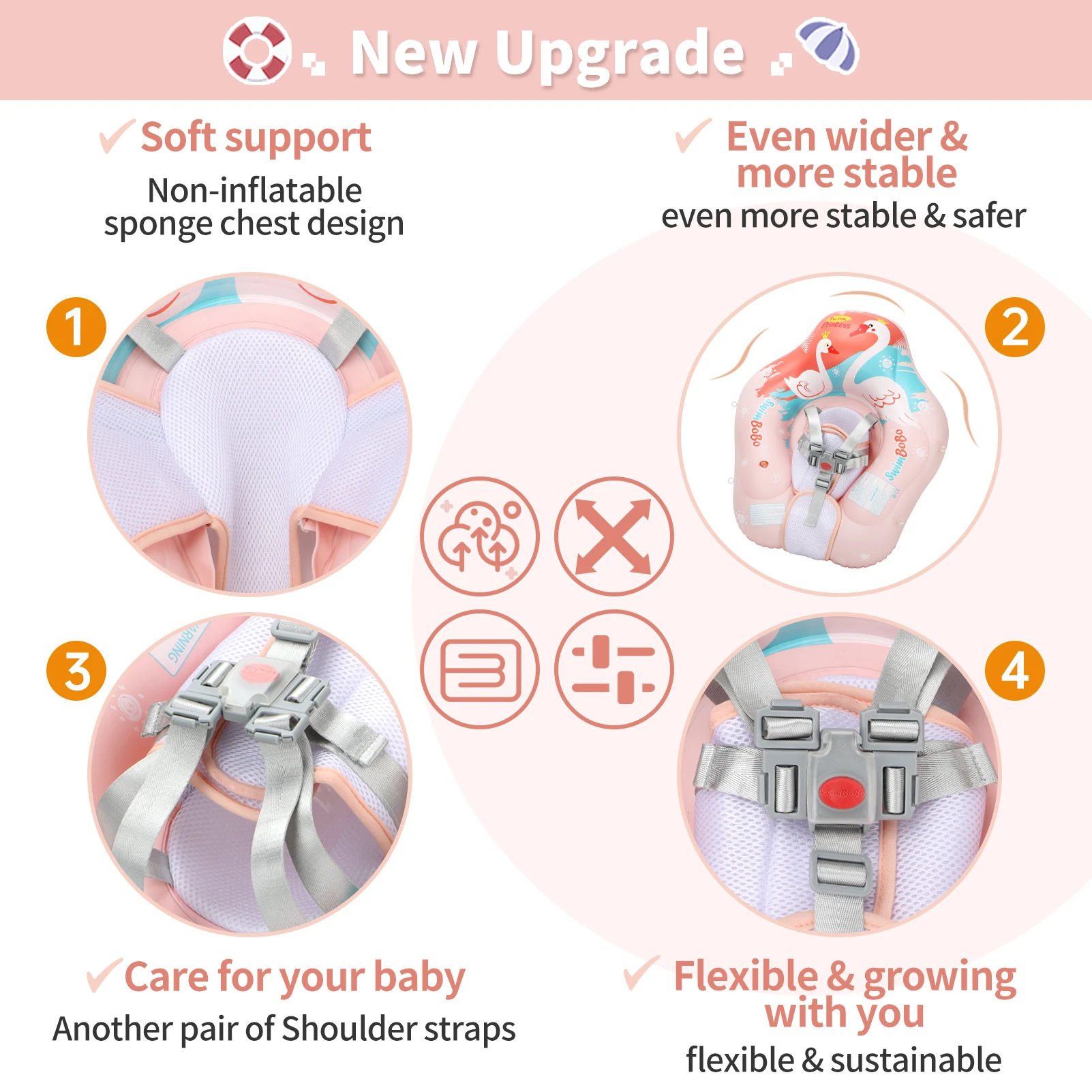 Swimbobo, nuevas actualizaciones, malla más seguridad, asiento con ventilación suave, bolsillo para bebé, natación inflable, anillo flotante para niños, círculo, juguetes de verano