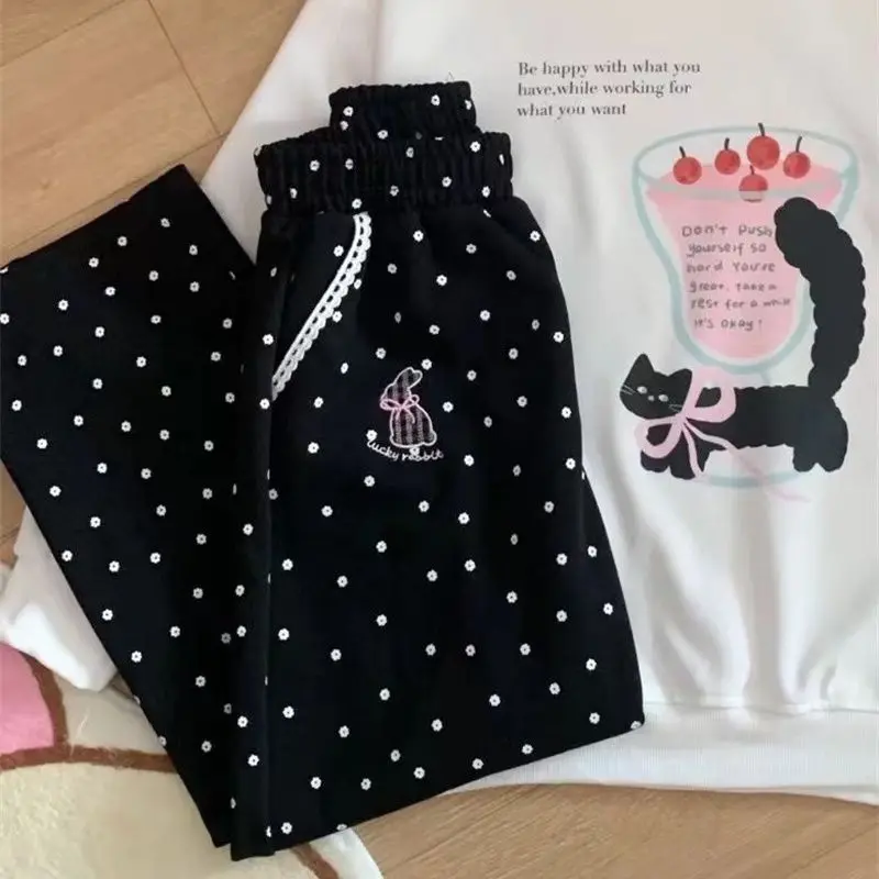 

Korean Casual Sports Pants 2025 Spring New Sweet Girl Cute Core All Match Straight Pants Cartoon Y2k Aesthetic Wide Leg Pants