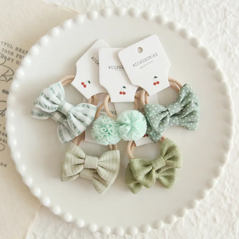 

Brown Plaid Floral Polka Dot Bow Hair Ties for Kids Ins Style Cute Elastic Hair Bands Girls Ponytail Holder Daily Hair Accessory