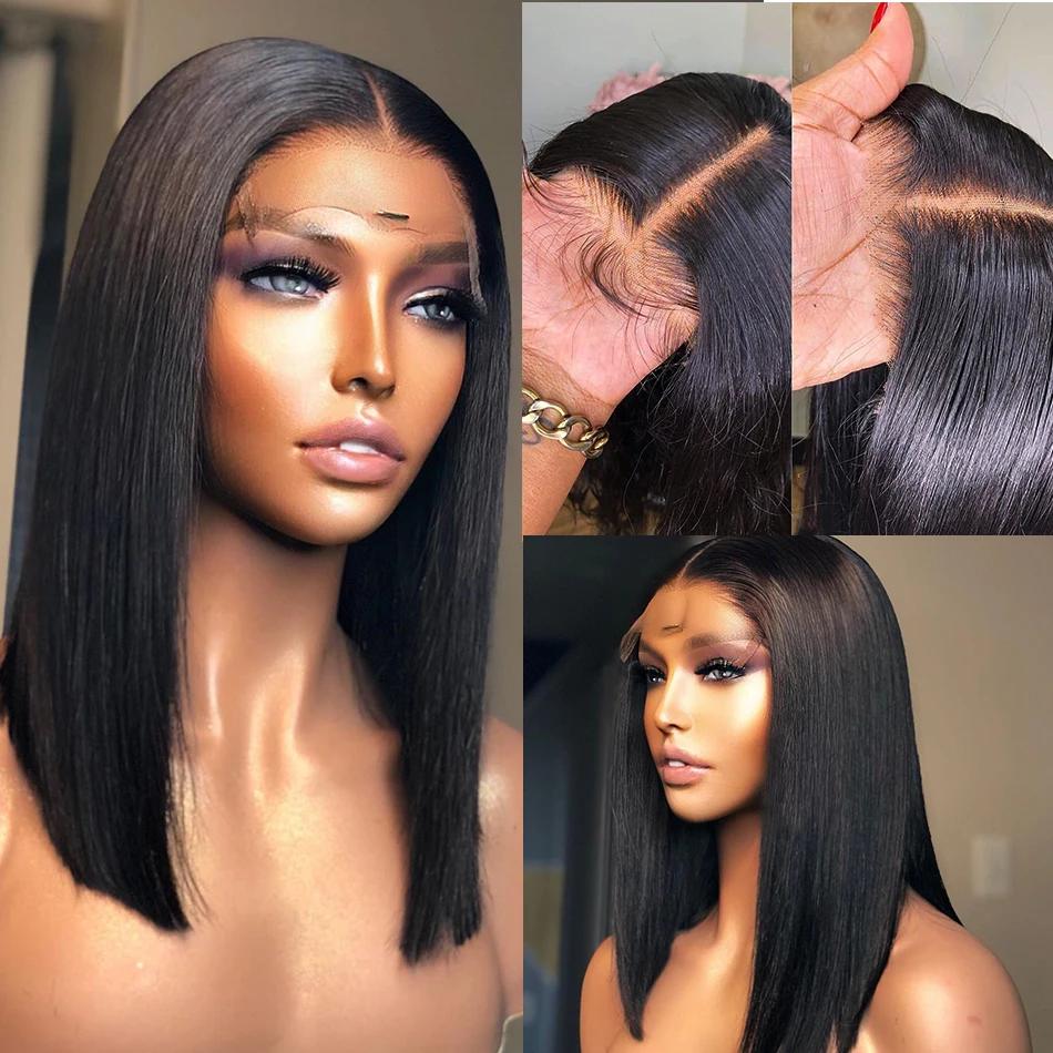 

Soft 16Inch Short Bob Straight 180% Density Lace Front Wig For Black Women Babyhair Preplucked Natural Hairline Glueless Daily