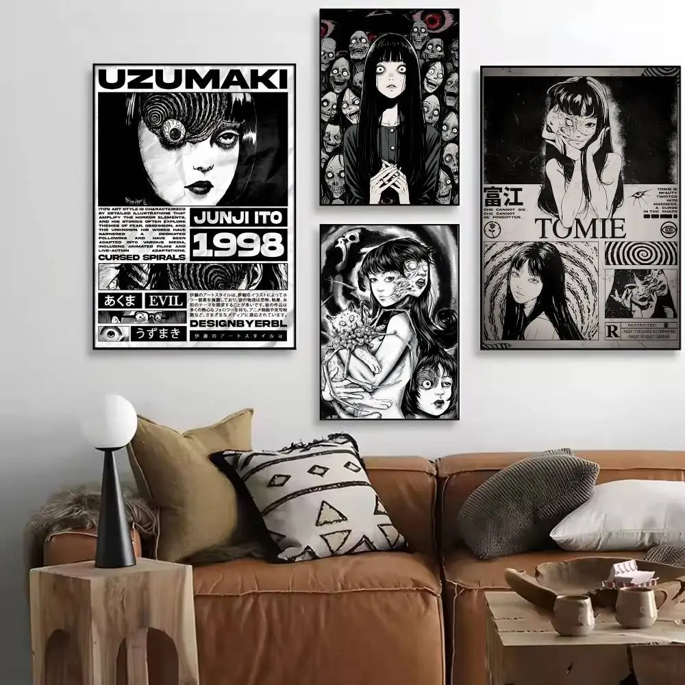 Black And White J-Junji Ito Terror Horror Manga Posters High Quality Self-adhesive Wall Art Decorations Color Prints Sticky