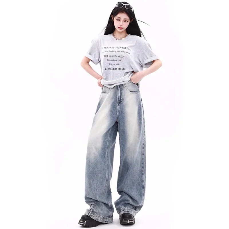 Blue Women's Jeans Streetwear Retro Fashion High Waist Jeans Loose Wide Leg Straight Baggy Chic Design Y2K Summer Denim Trousers