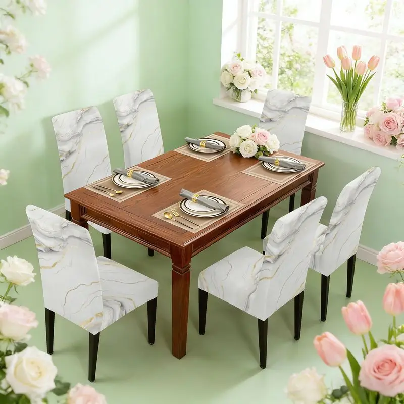 Flat print stretch dining chair cover set White marble pattern, easy to install, washable, chair cover