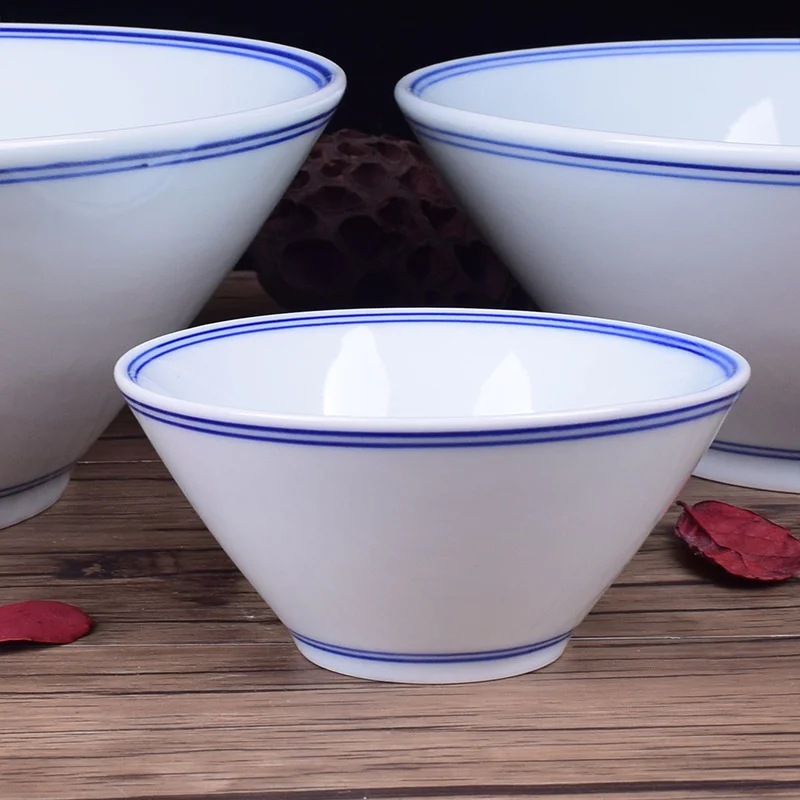 Chinese Blue Edge Ceramic Dessert Ramen Bowl Porcelain Rice Noodle Soup Bowl Fruit Salad Tableware